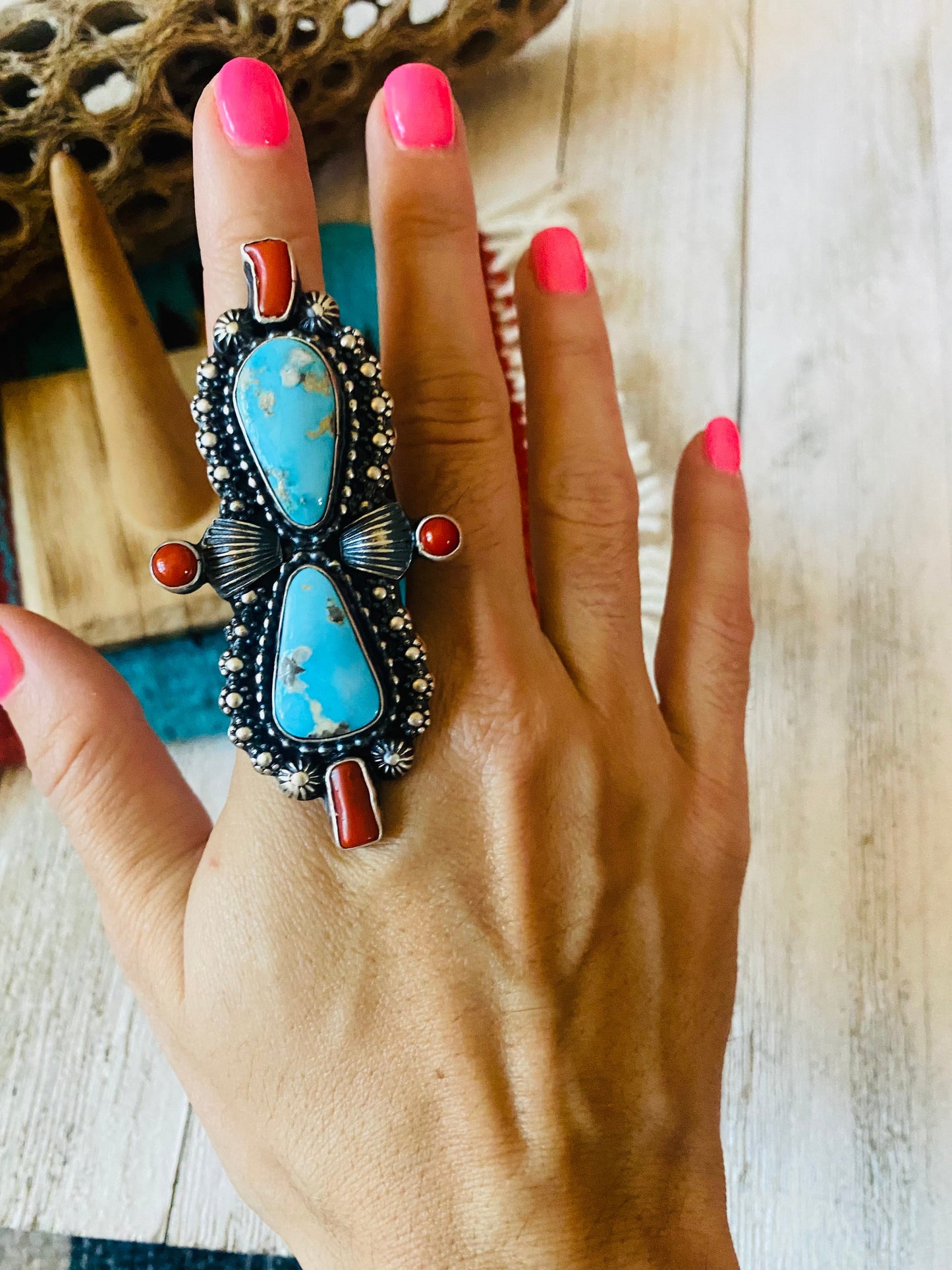 Navajo Sterling Kingman Turquoise & Red Coral Ring Size 8.5 By Shawn Cayatineto