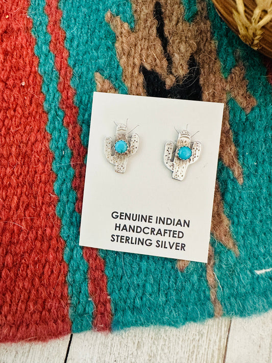 Navajo Sterling Silver & Turquoise Cactus Stud Earrings