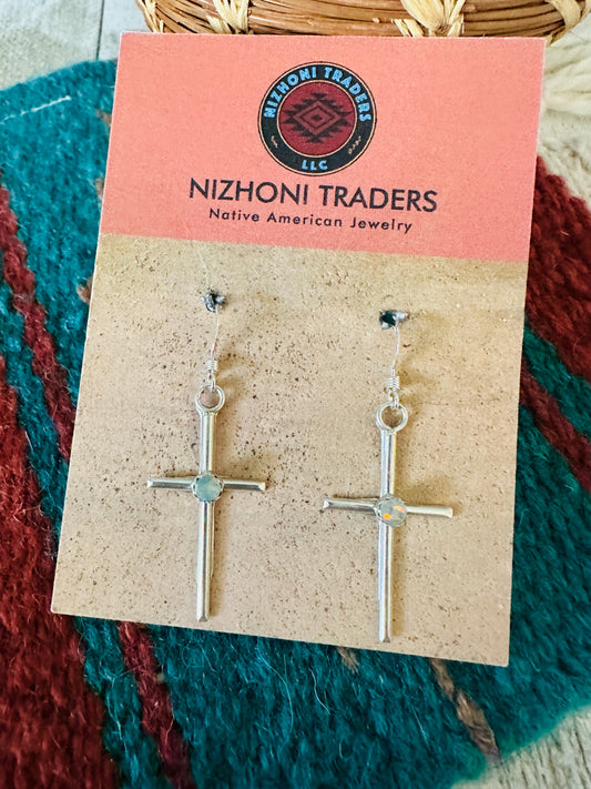 Navajo Sterling Silver & White Opal Cross Dangle Earrings