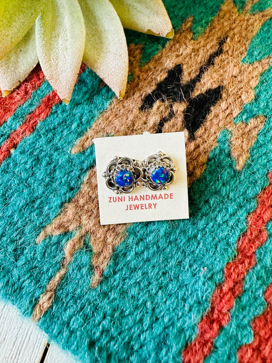 Zuni Blue Opal & Sterling Silver Flower Stud Earrings