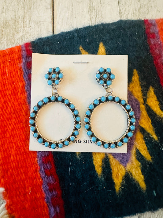 Zuni Sterling Silver & Turquoise Petit Point Circle Dangle Earrings