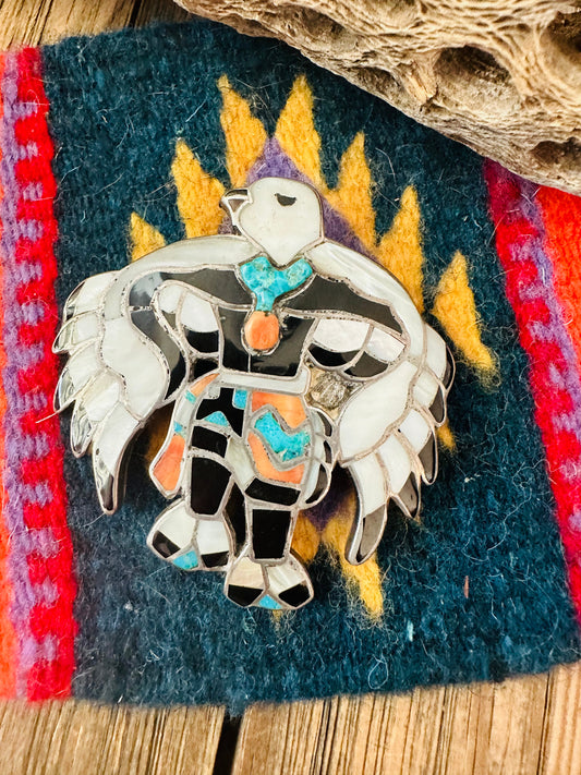 Vintage Navajo Sterling Silver & Multi Stone Inlay Thunderbird Bolo Pendant