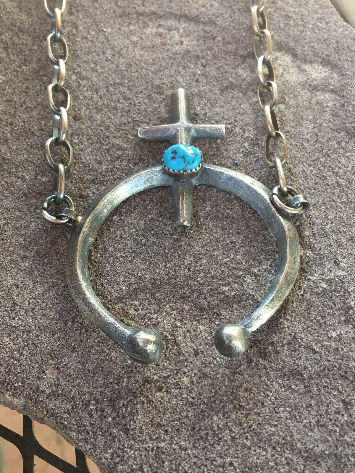 Navajo Turquoise  Sterling Silver Naja Cross Necklace Signed
