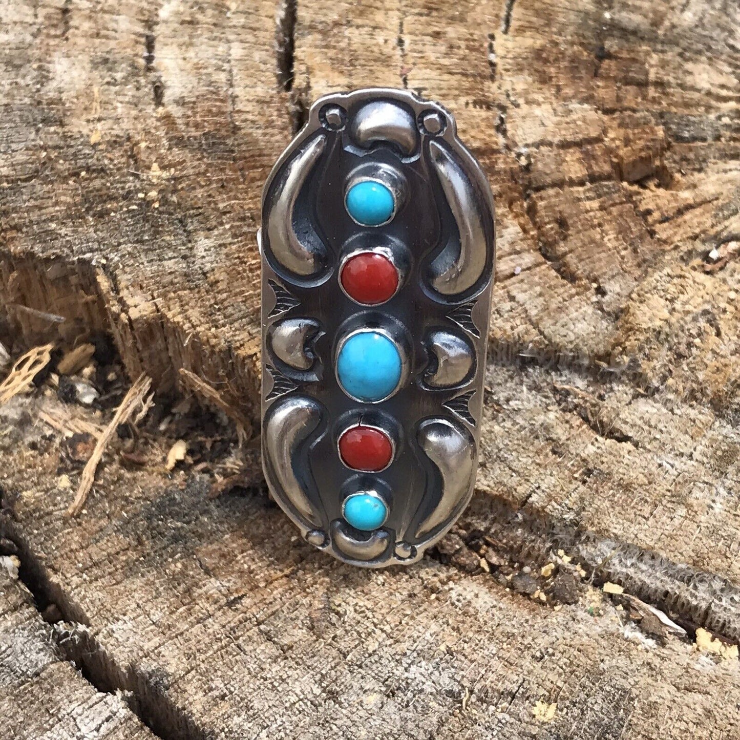 Navajo Sterling Silver Turquoise Coral 5 Stone Ring