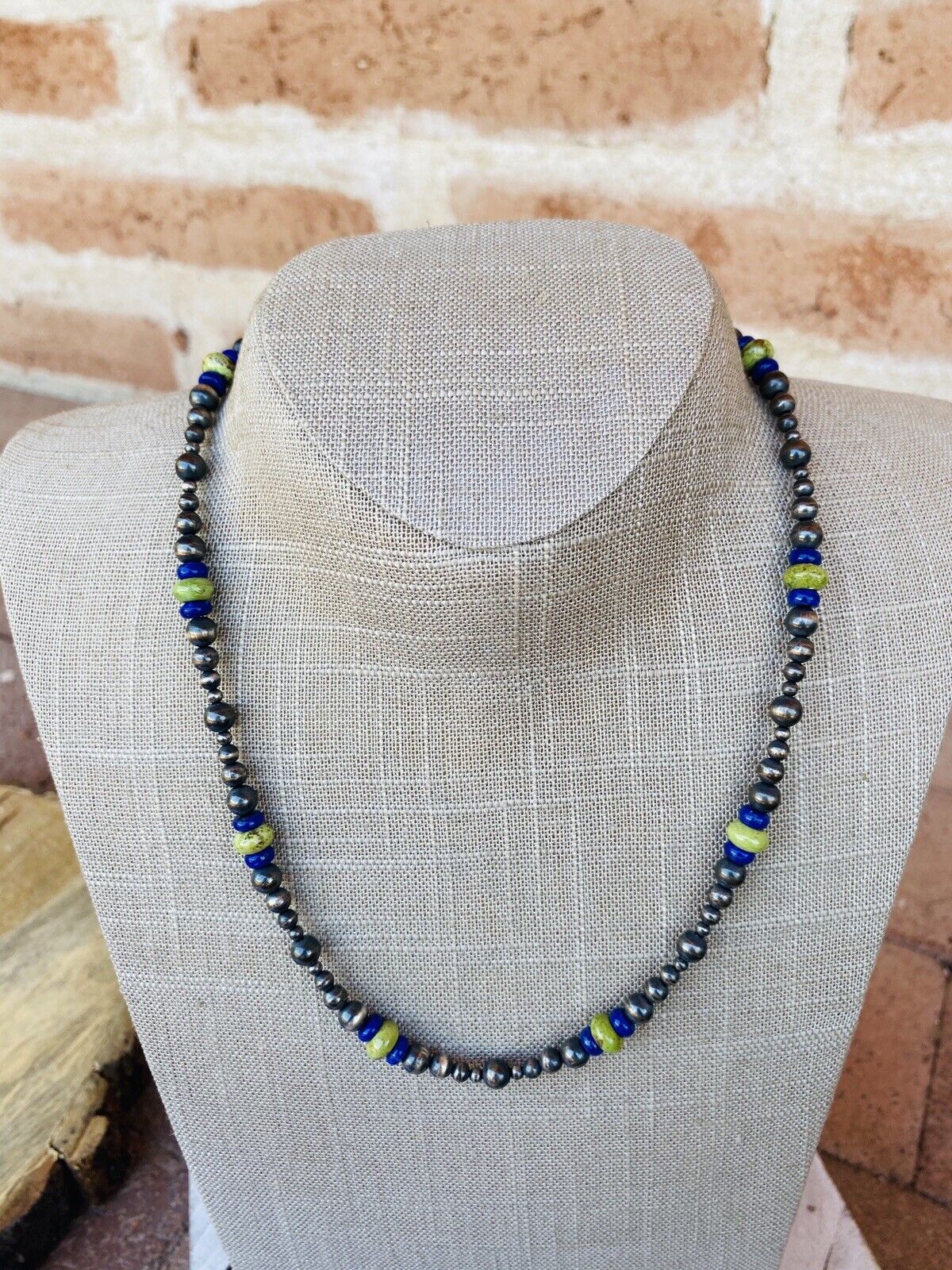 Navajo Lapis, Gaspeite And Sterling Silver Navajo Pearl Beaded Necklace