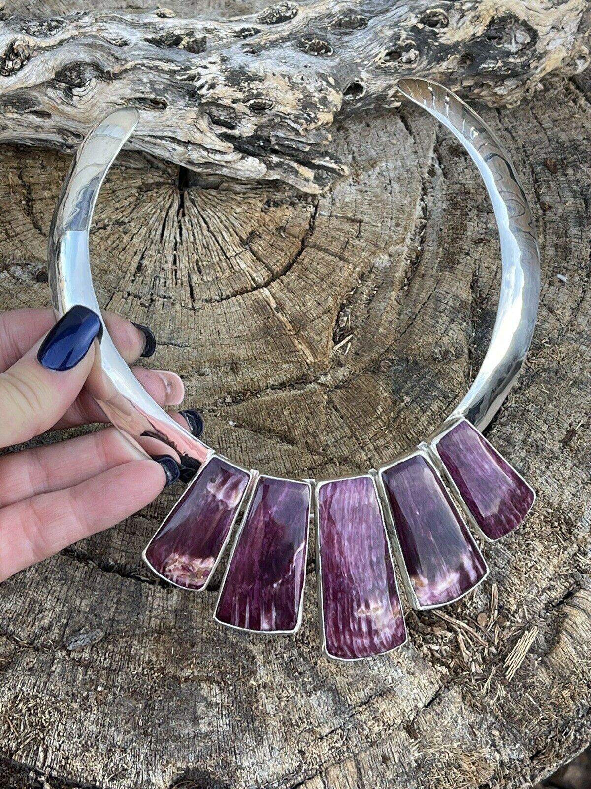 Navajo Sterling Silver & Spiny 5 Stone Choker Necklace Signed