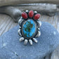 Navajo Sterling Kingman Web Turquoise & Red Coral Taos Collection Ring Sz 6