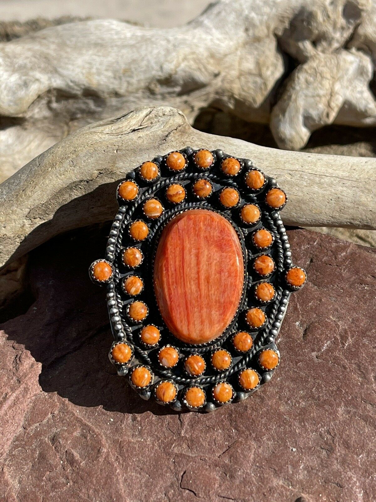 Navajo Sterling Silver Orange Spiny Cluster Jumbo Ring Sz 9