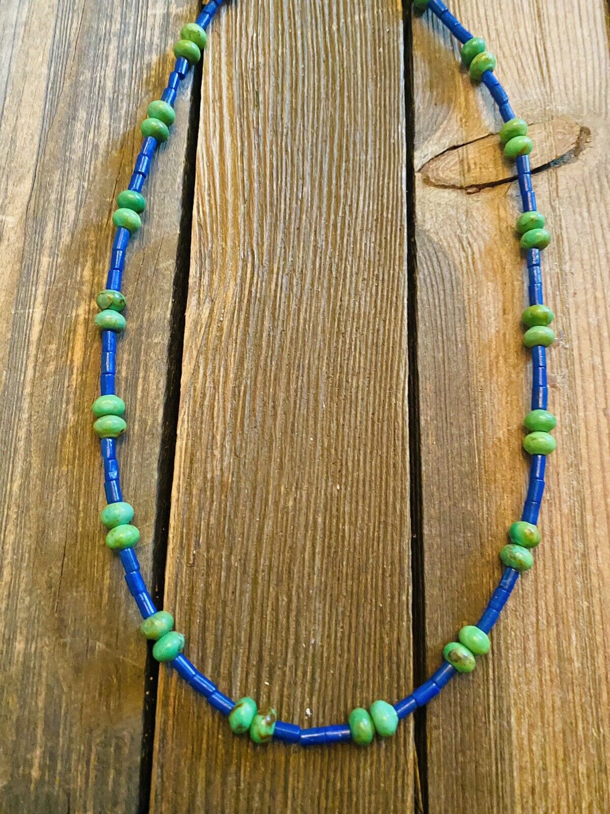 Navajo Sterling Silver, Lapis & Gaspeite Beaded Necklace