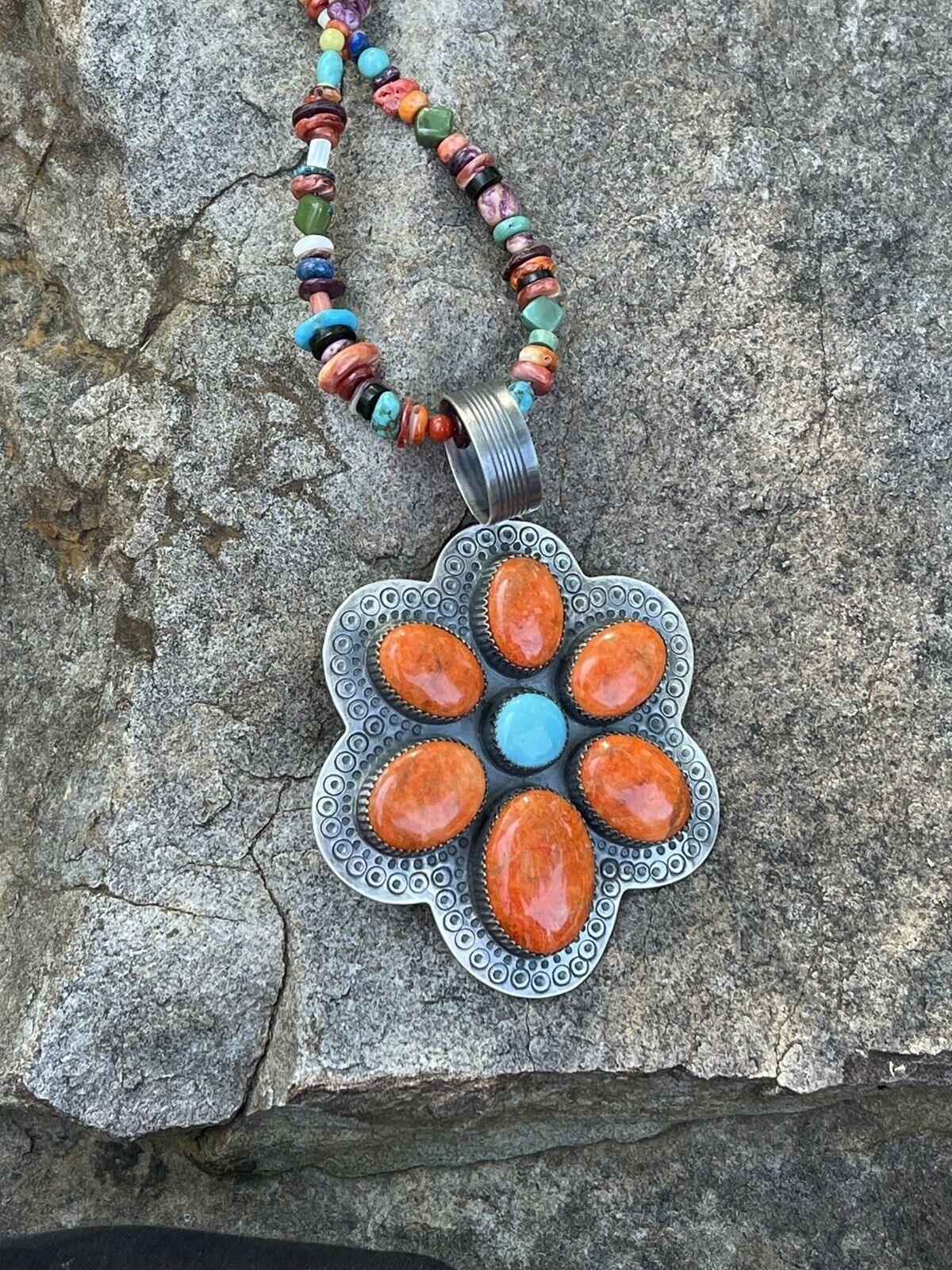 Navajo Sterling Silver Turquoise & Orange Spiny Flower Pendant Signed
