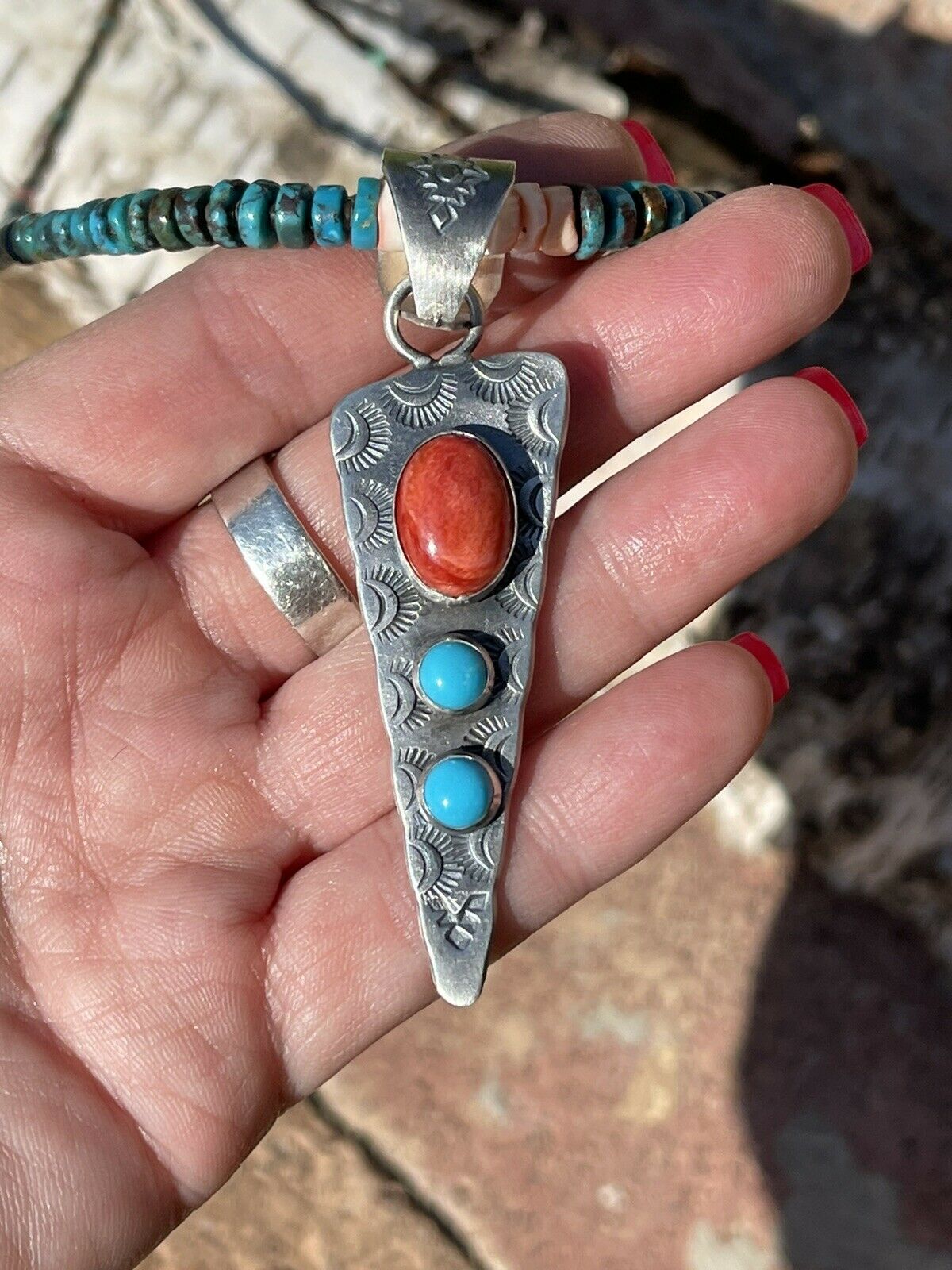 Navajo Handmade Sterling Silver Arrow Turquoise and Spiny Pendant