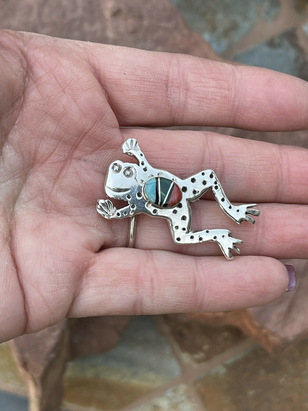 Navajo Sterling Silver Multi Stone Leap Frog Pendant Pin Signed