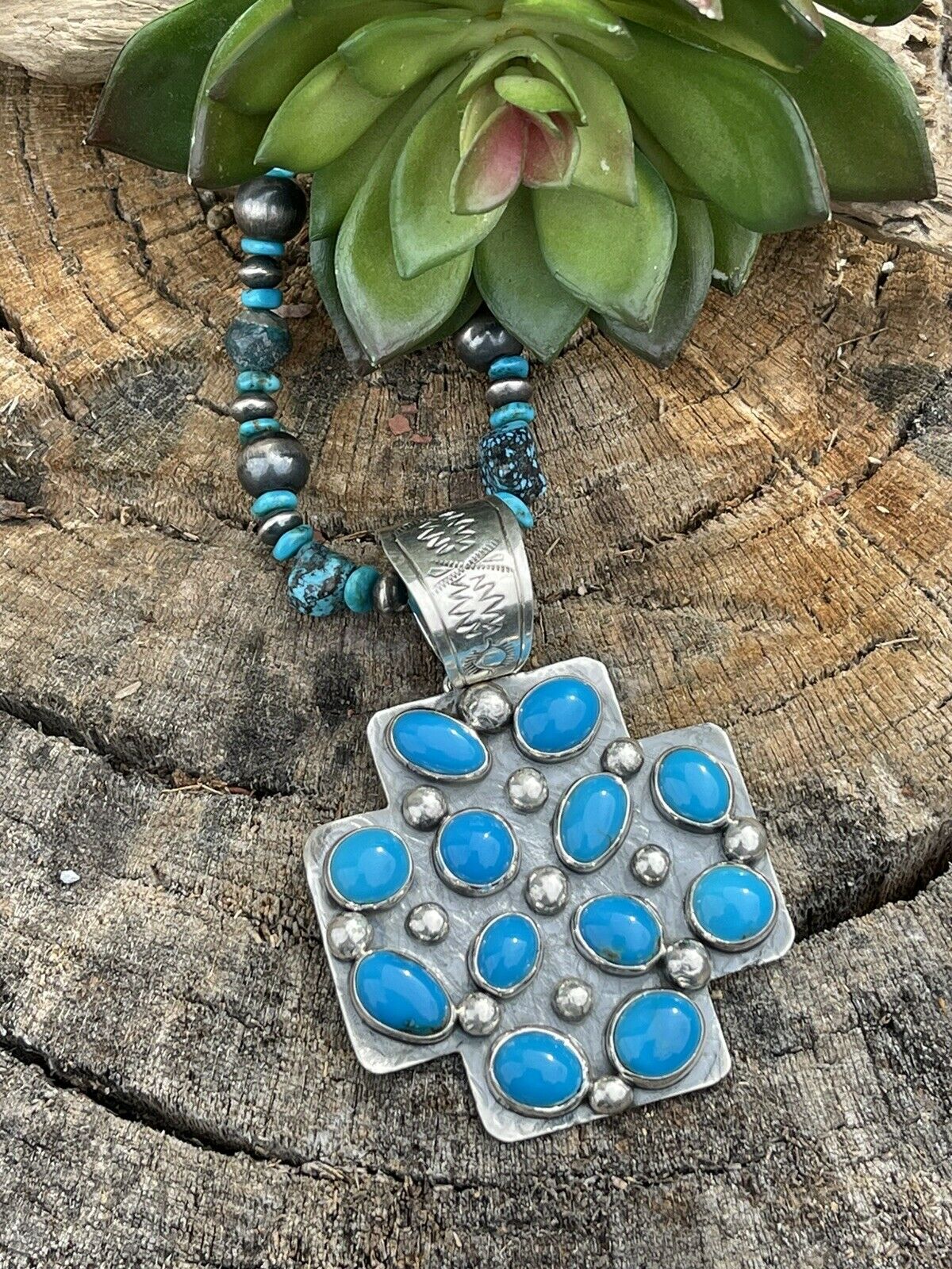 Navajo Mountain Blue Turquoise & Sterling Silver Southwest Cross Pendant Signed