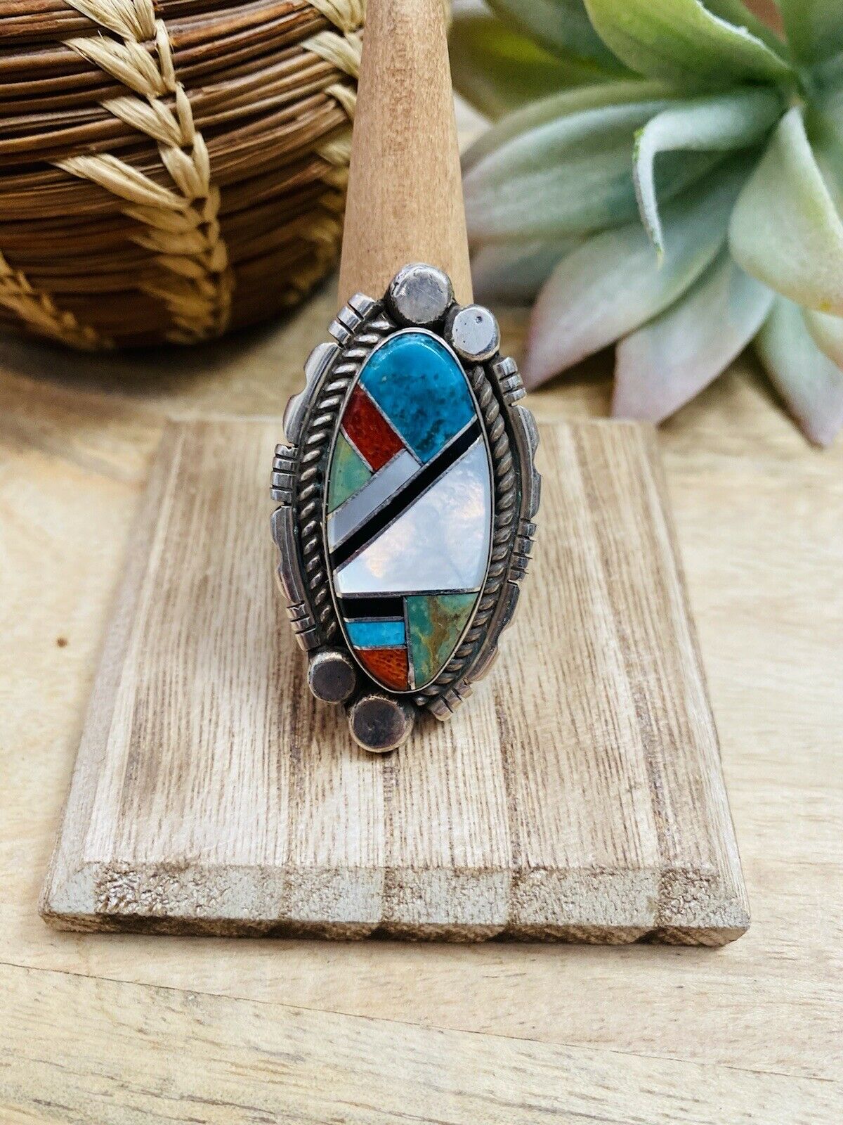 Navajo Sterling Silver And Multi Stone Inlay Ring Size 10