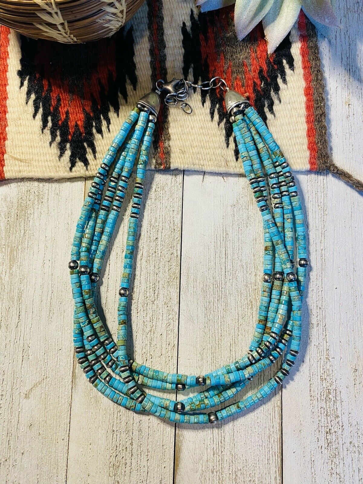 Navajo Turquoise & Sterling Silver Beaded 5 Strand Beaded Necklace