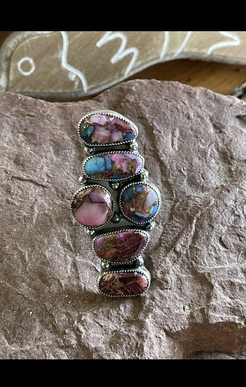 Navajo Pink Dream Mohave & Sterling Silver 6 Stone Ring