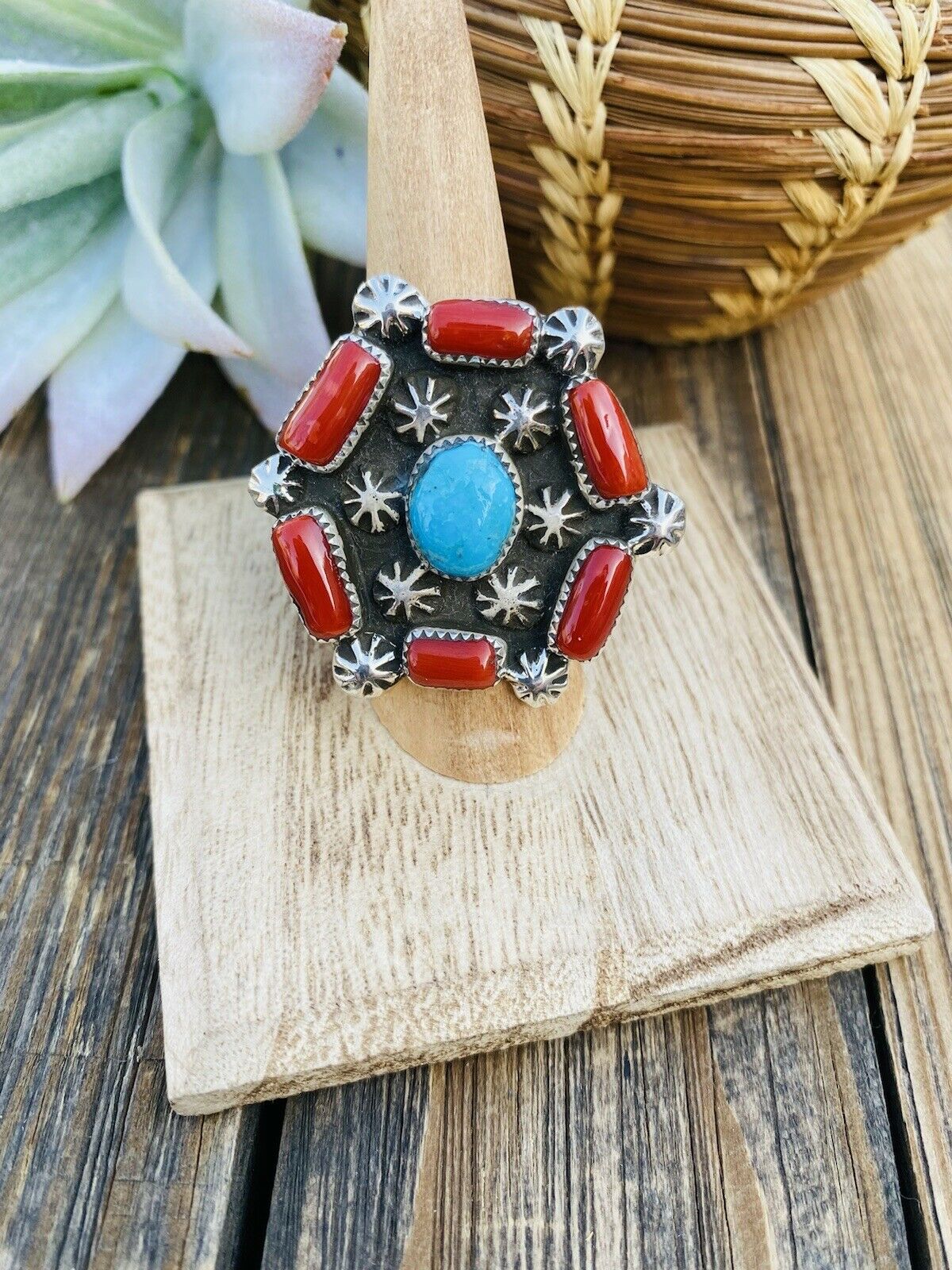 Navajo Turquoise, Coral & Sterling Silver Ring Size 9