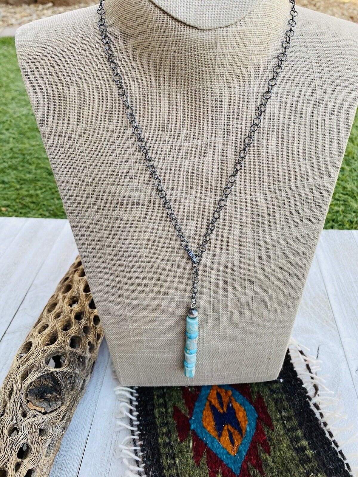 Navajo Turquoise And Sterling Silver Beaded Lariat Necklace