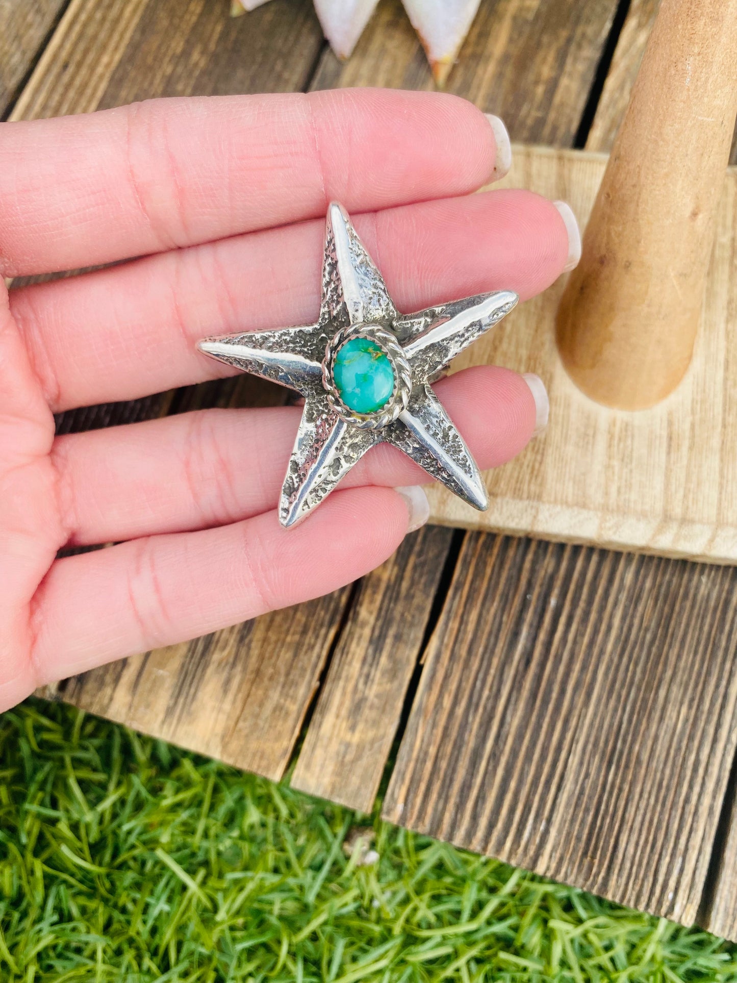 Navajo Sonoran Gold Turquoise & Sterling Silver Star Ring Size 8 Signed