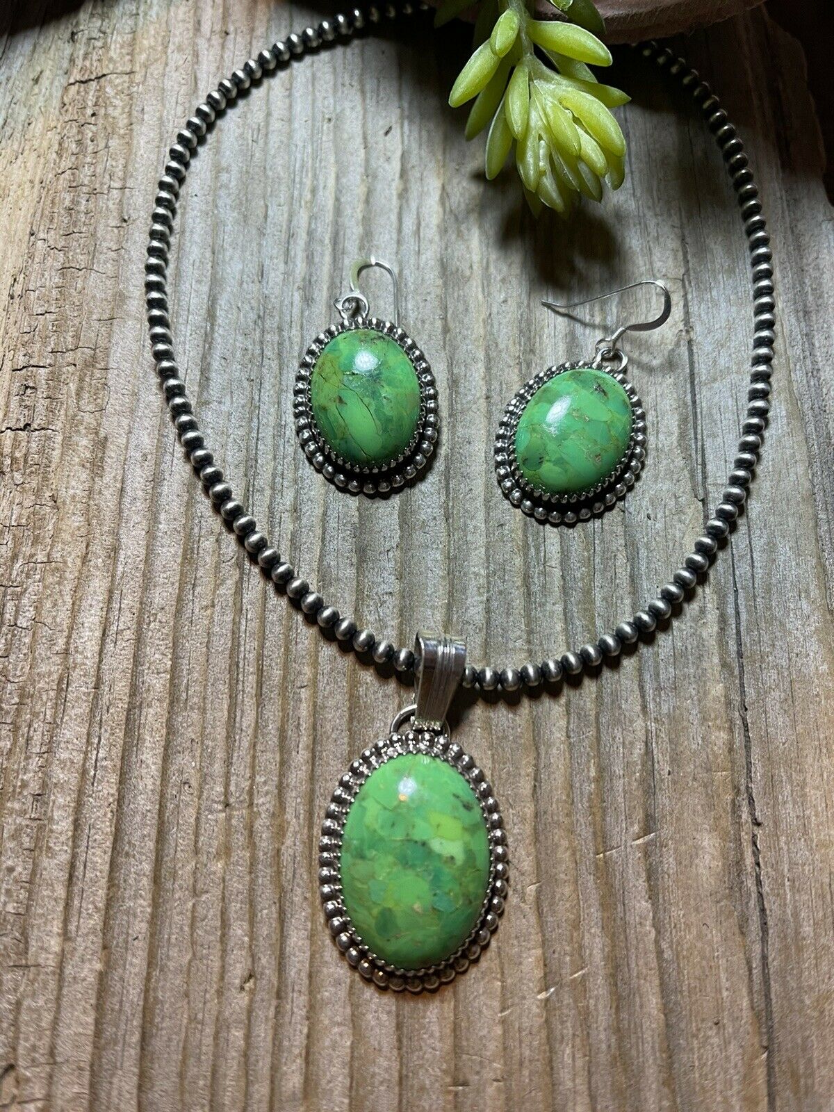 Navajo Green Kingman Turquoise Sterling Navajo Pendant And Earrings Set