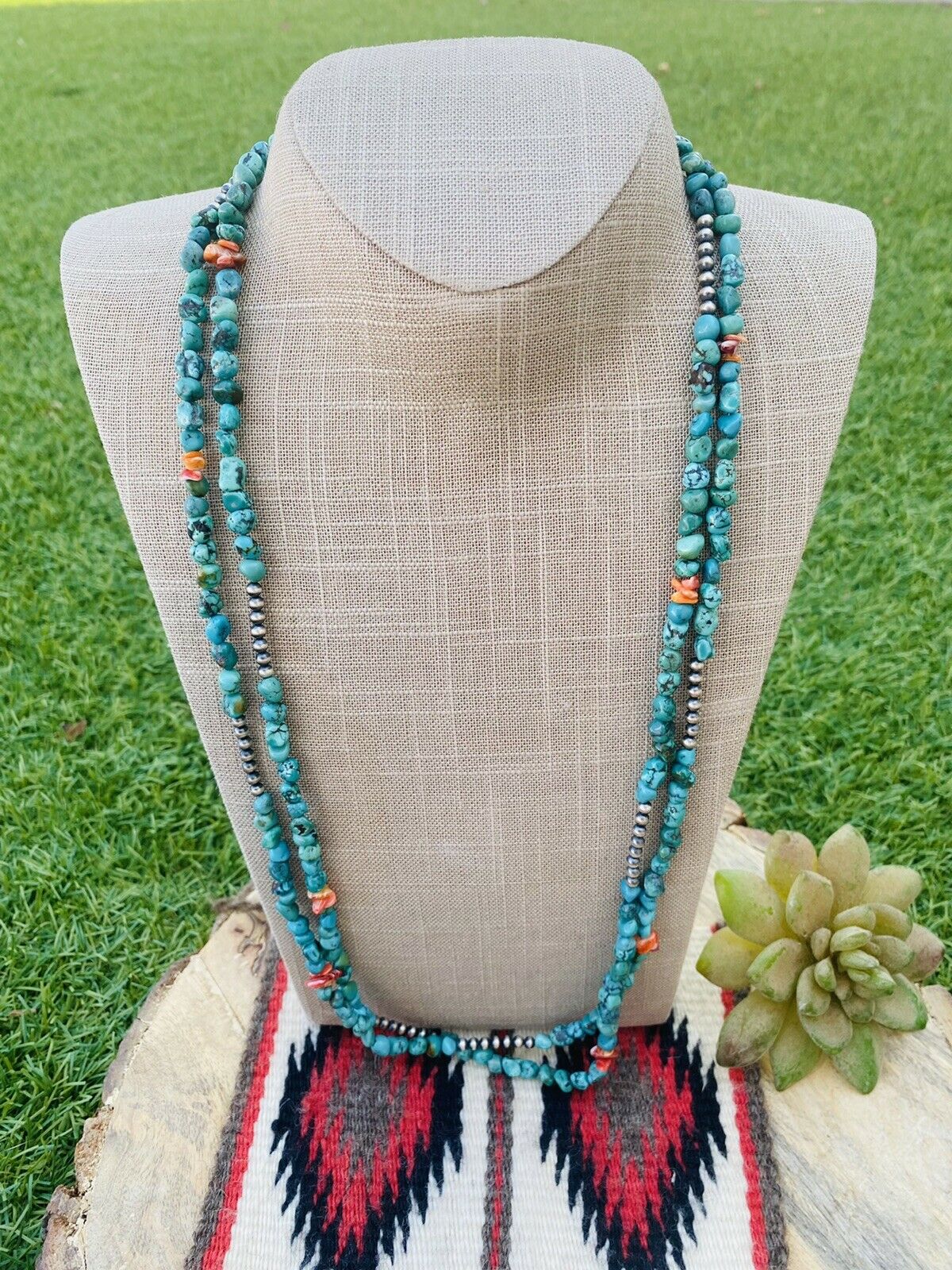 Navajo Turquoise, Spiny & Sterling Silver Beaded 60 Inch Necklace