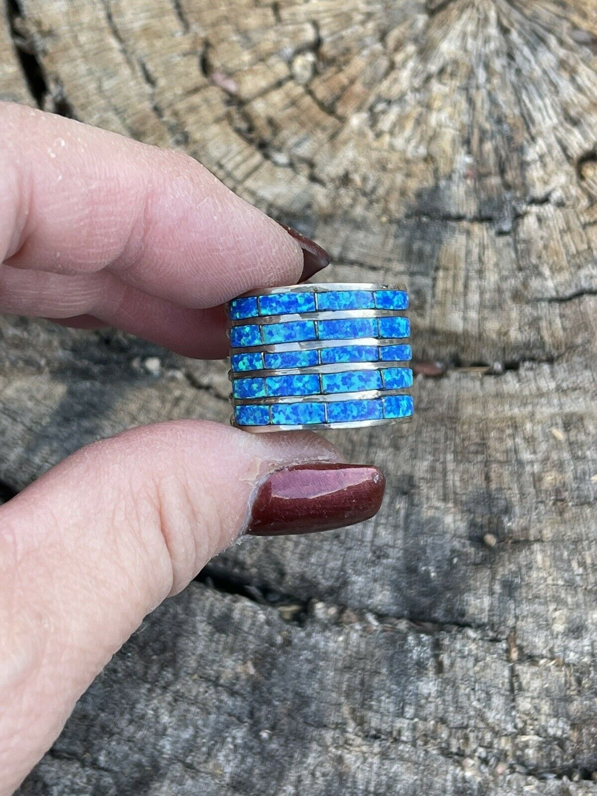 Zuni Sterling Silver Blue Opal 5 Row Inlay Ring