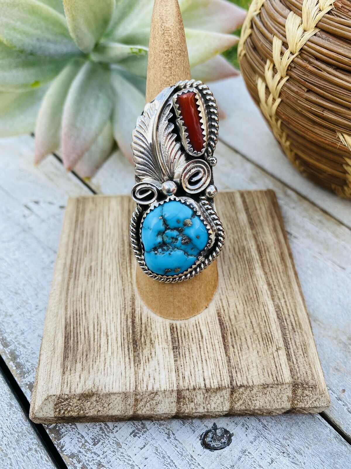 Navajo Turquoise, Coral & Sterling Silver Ring Size 5