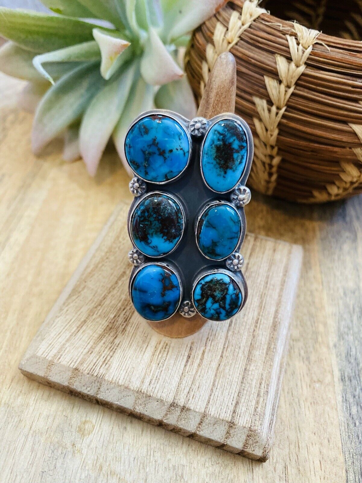 Navajo Kingman Turquoise & Sterling Silver Adjustable Ring Signed
