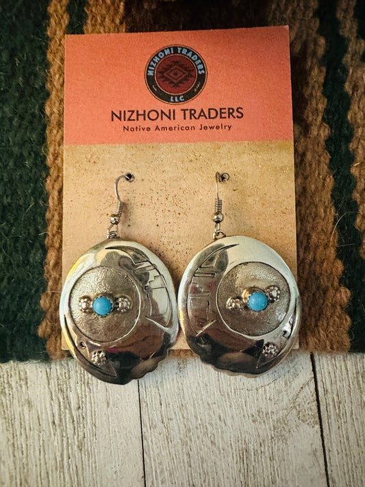Vintage Old Pawn Navajo Hand Stamped Sterling Silver & Turquoise Dangle Earrings
