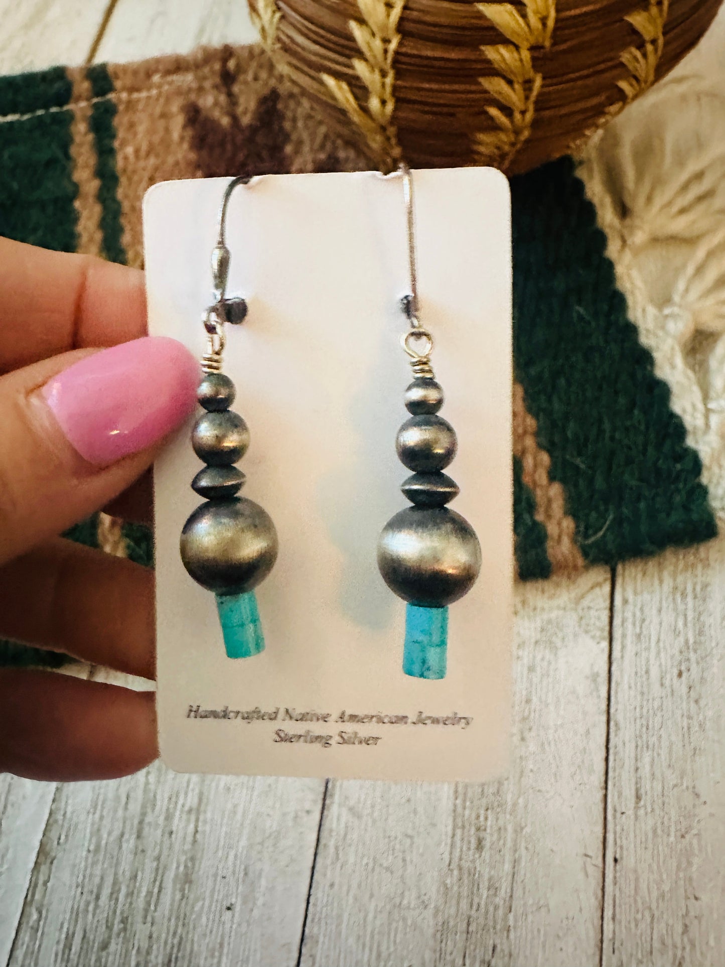 Navajo Turquoise & Sterling Silver Beaded Dangle Earrings