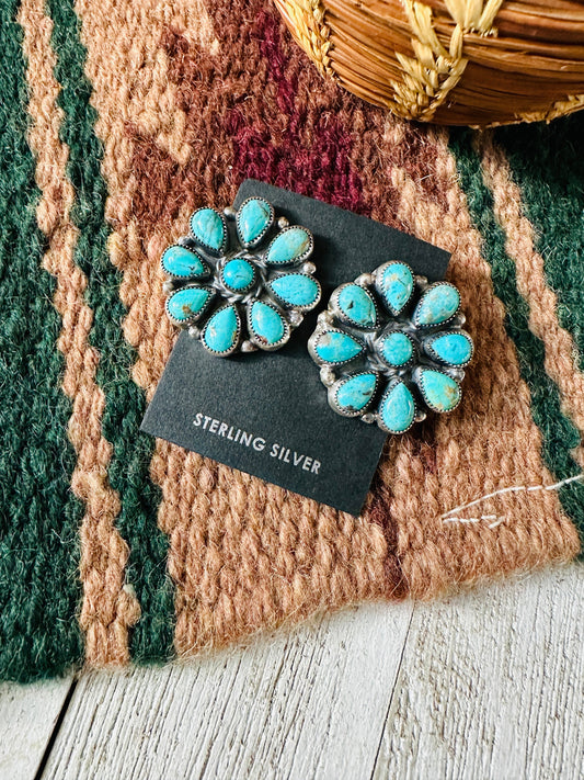 Navajo Sterling Silver & Turquoise Cluster Stud Earrings 1 1/8”