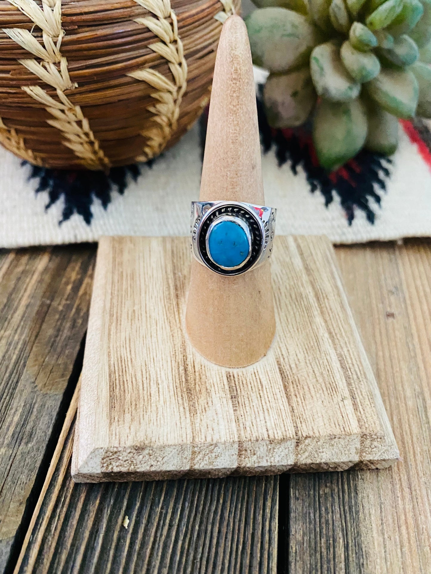 Navajo Kingman Turquoise & Sterling Silver Ring Size 6.5
