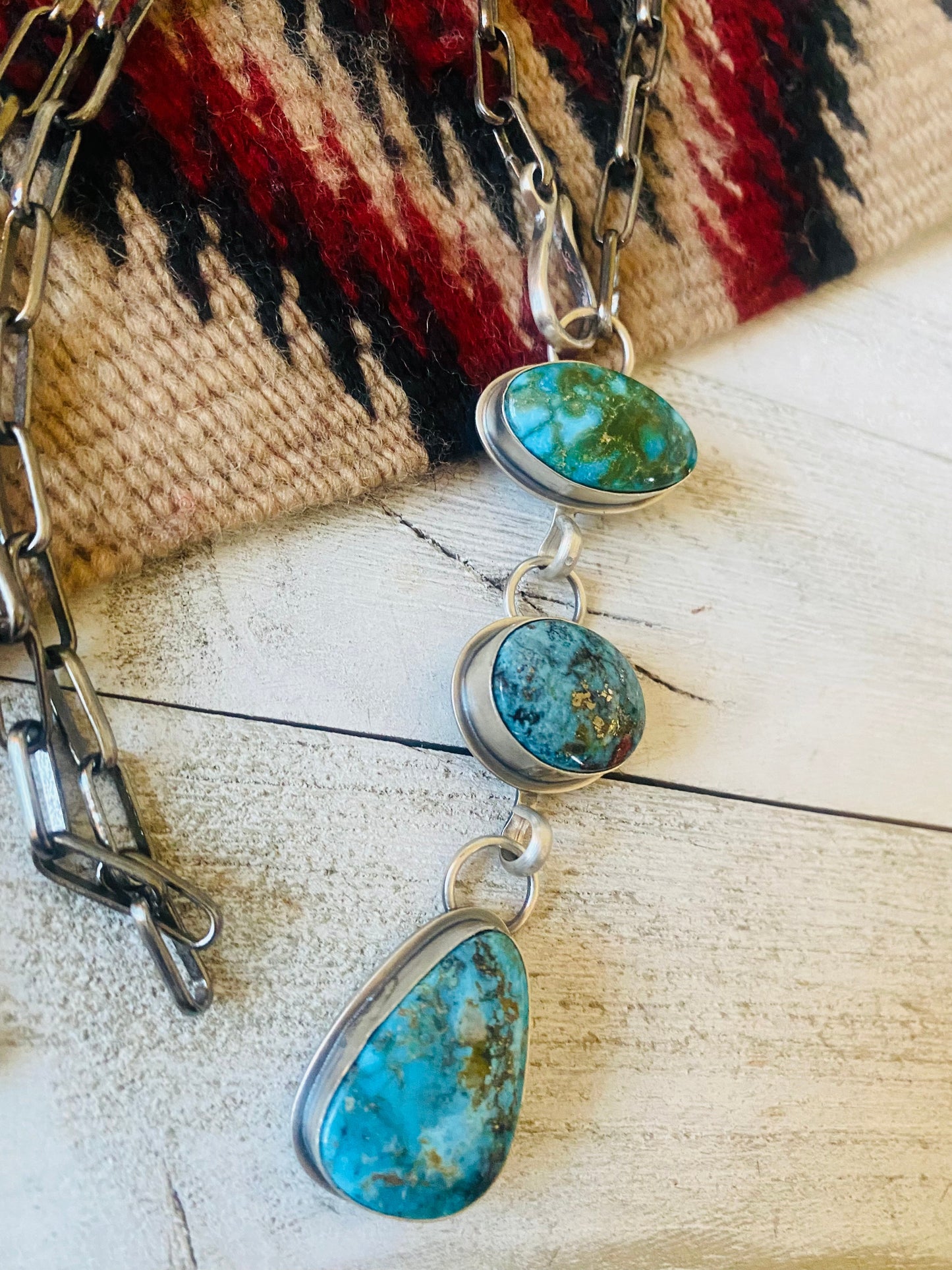Navajo Sterling Silver & Three Stone Kingman Turquoise Lariat Necklace