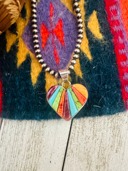 Navajo Multi Stone & Sterling Silver Inlay Heart Pendant