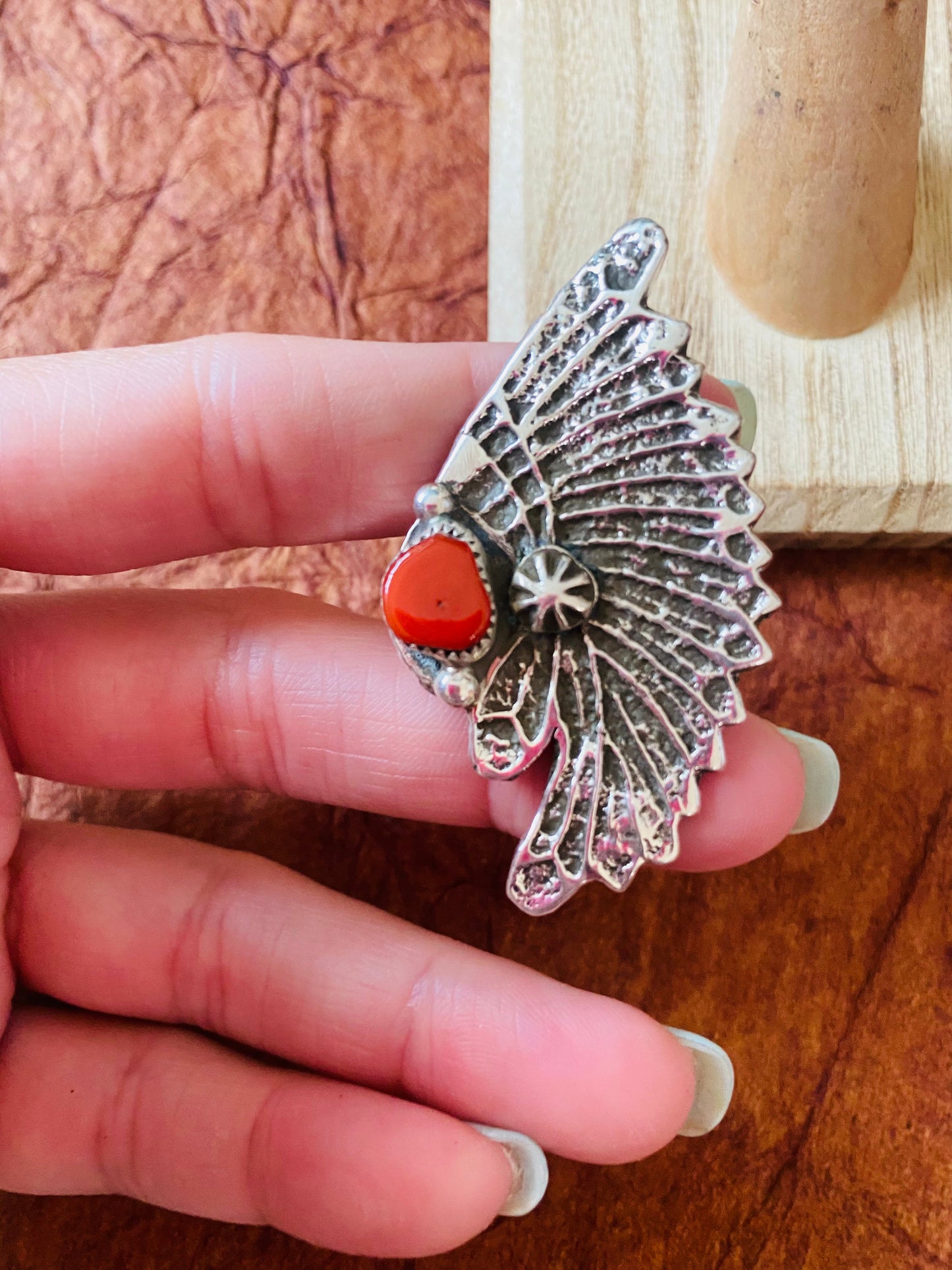 Navajo Coral & Sterling Silver Indian Chief Ring Size 9