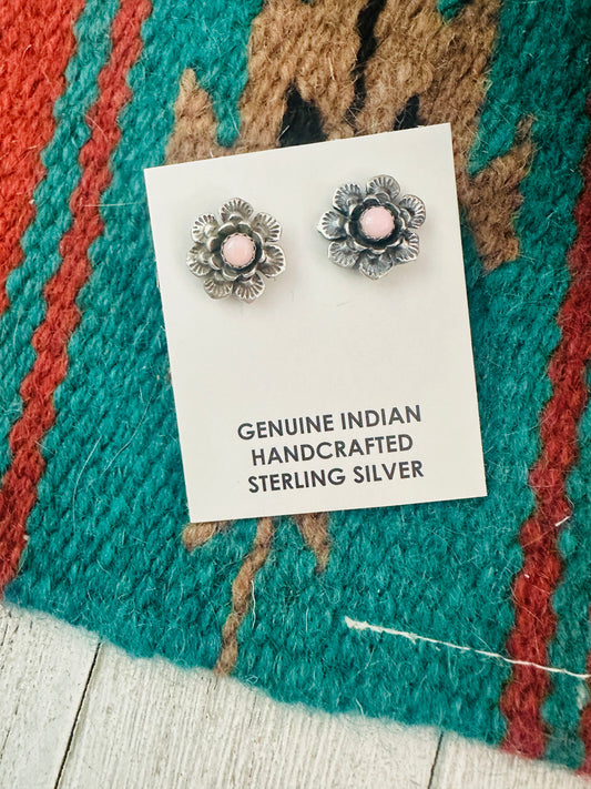 Navajo Sterling Silver & Queen Pink Flower Stud Earrings