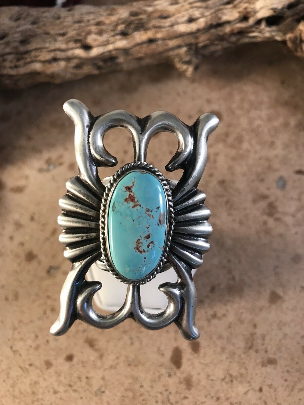 Russell Sam Navajo Pilot Mountain Turquoise & Sterling Hand Stamped Ring Sz 10