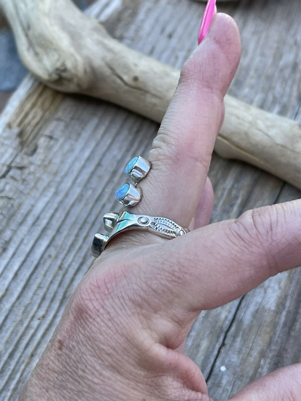 Navajo Sterling Silver Bright Blue Opal Adjustable 4 Stone Ring