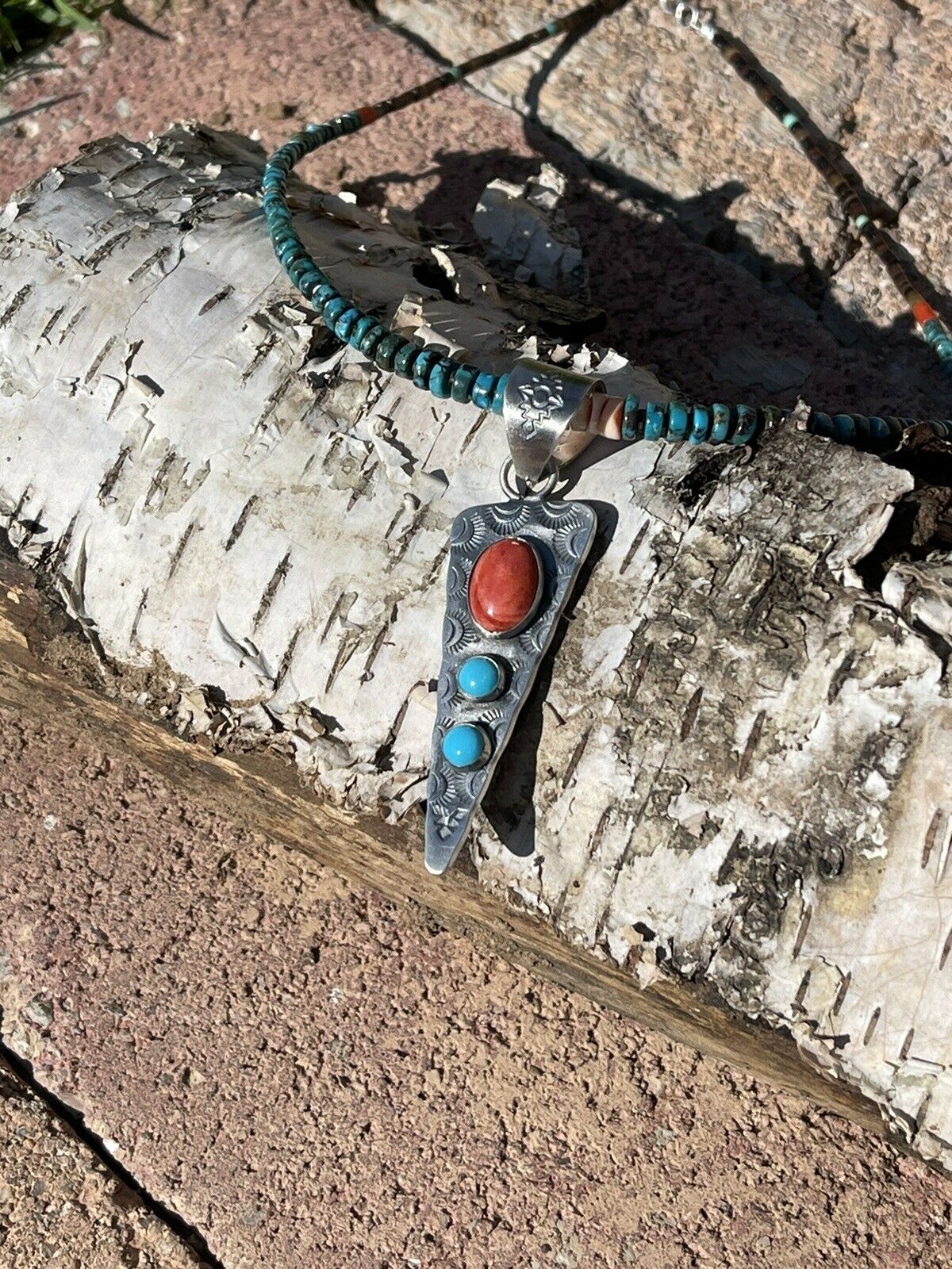 Navajo Handmade Sterling Silver Arrow Turquoise and Spiny Pendant