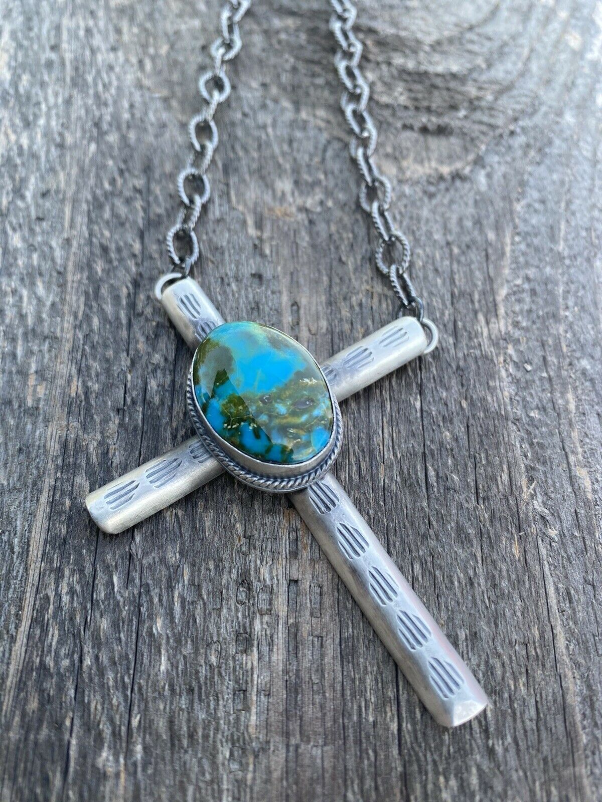 Navajo Sonoran Mountain Turquoise & Sterling Silver Cross Necklace Signed