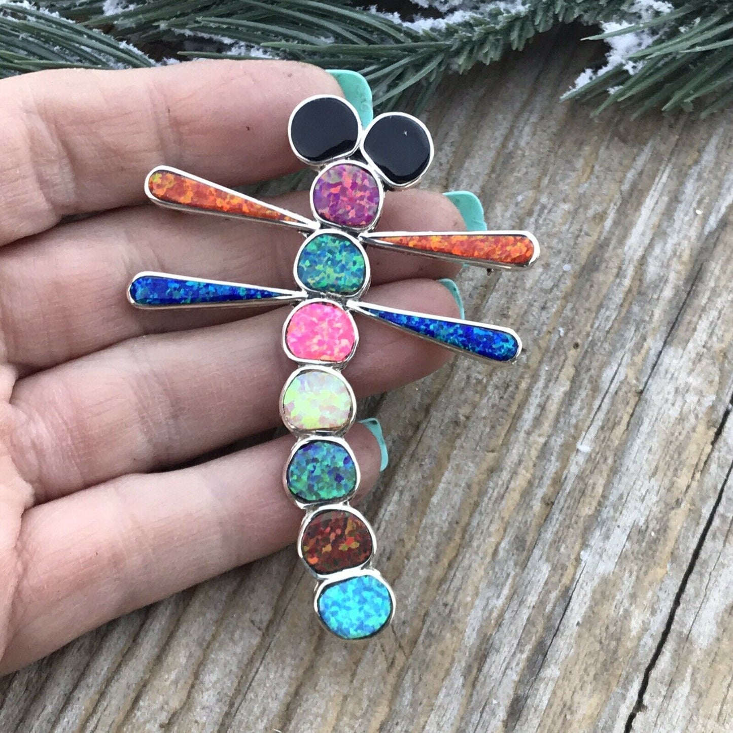 Navajo Sterling Silver & Multi Color Opal Stone Dragonfly Pendant Pin Signed