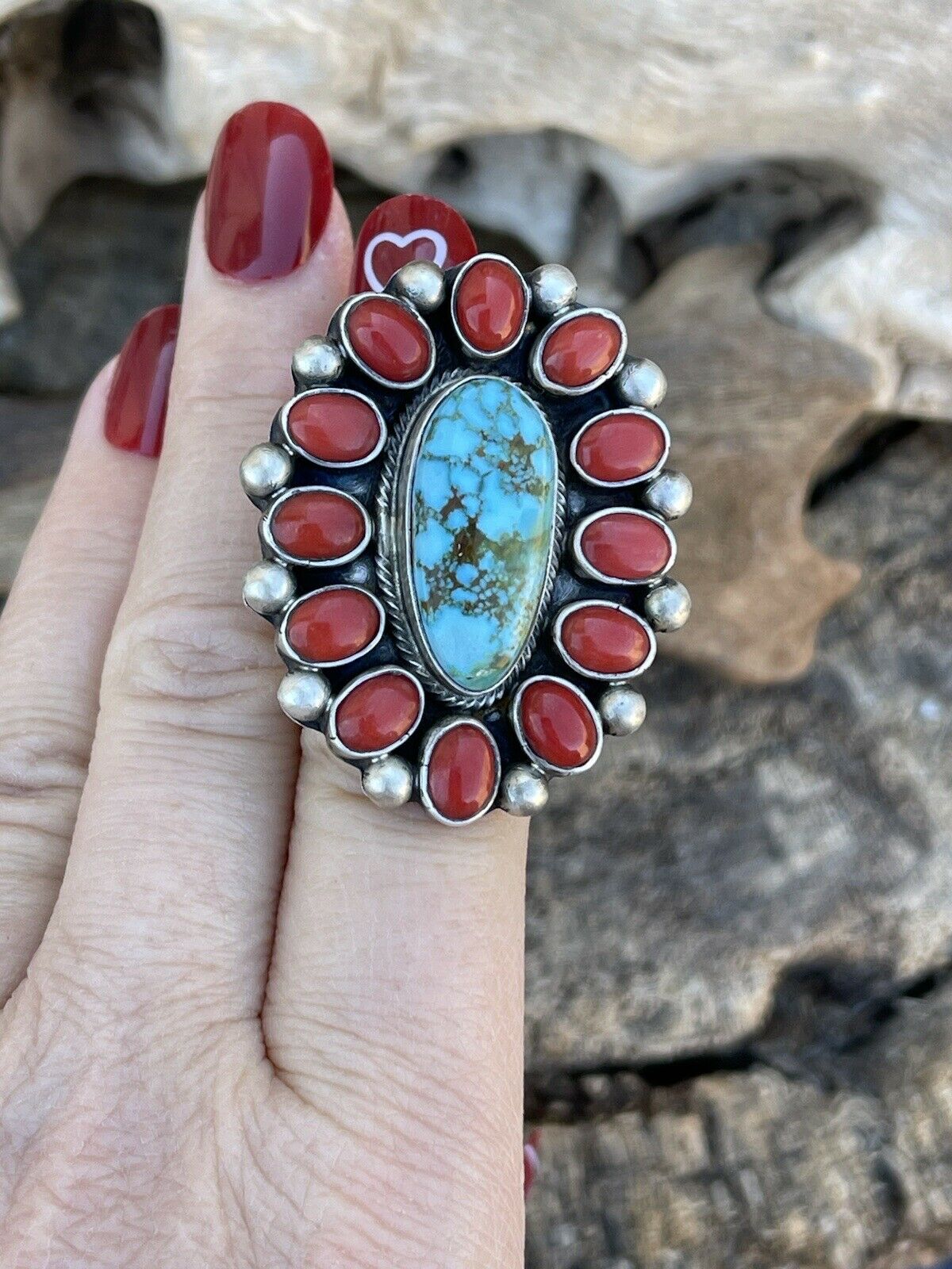 Navajo Sterling Silver Kingman Web Turquoise & Red Coral Taos Ring Sz 8
