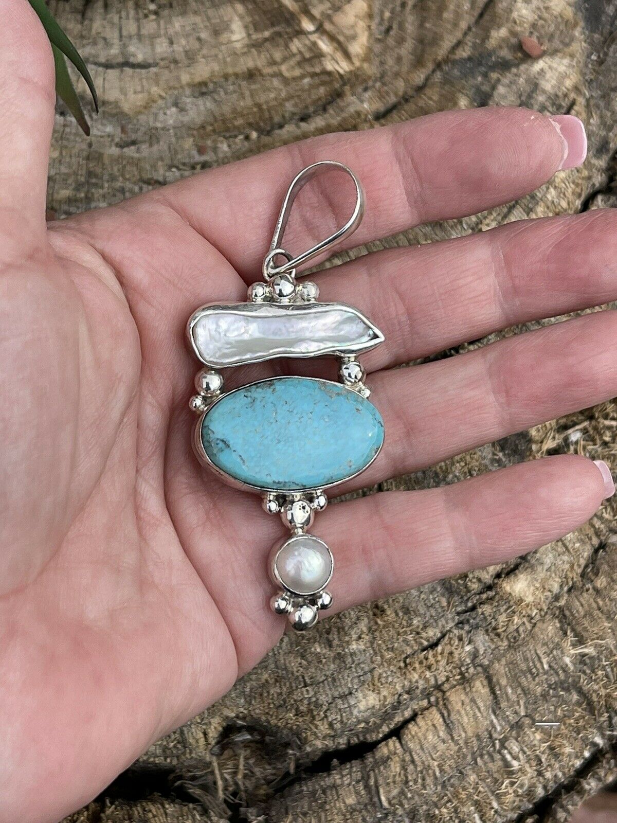 Turquoise & Mother Of Pearl Sterling Silver Navajo Pendant