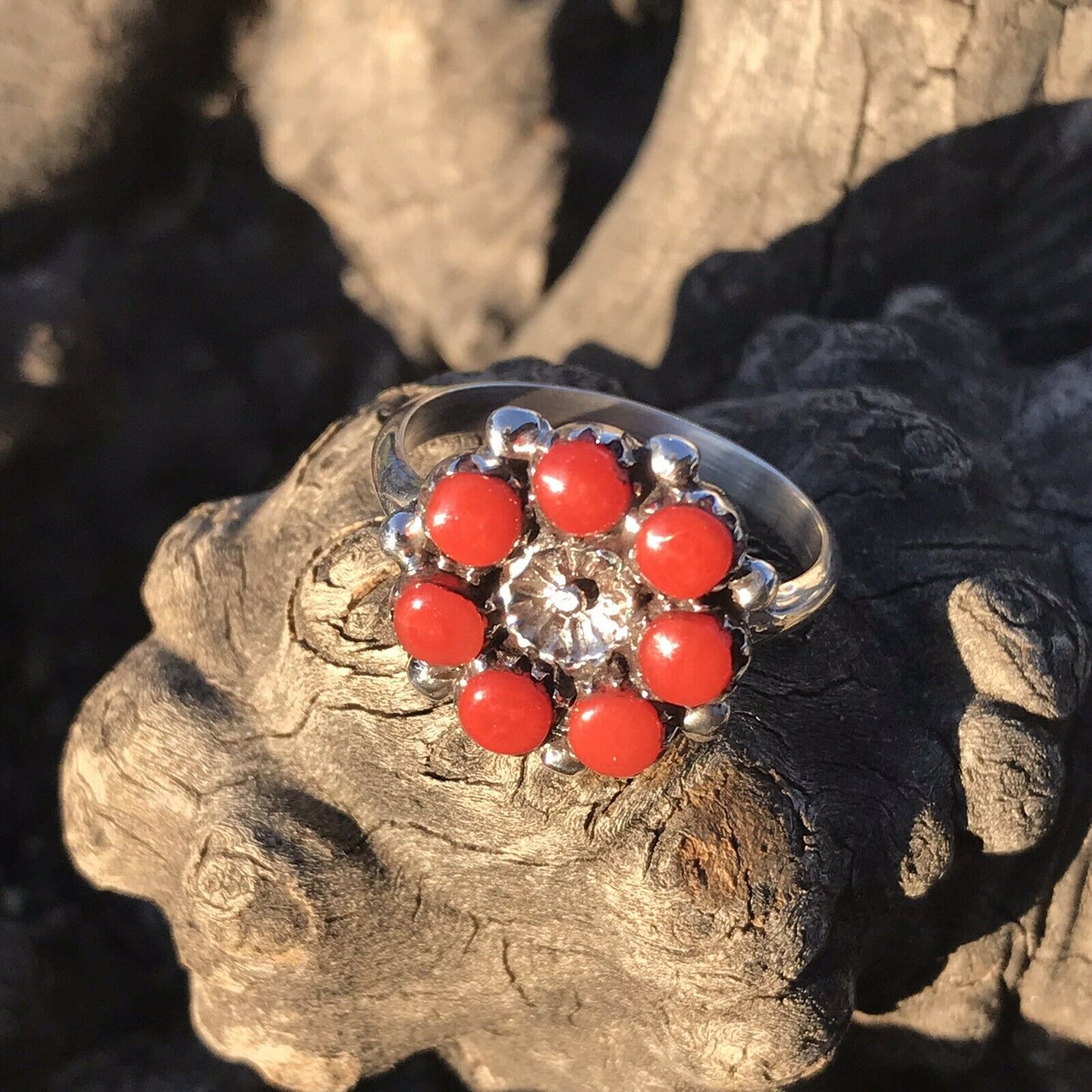 Navajo Coral & Sterling Silver Cuff Bracelet And Ring Set. Signed And Stamped