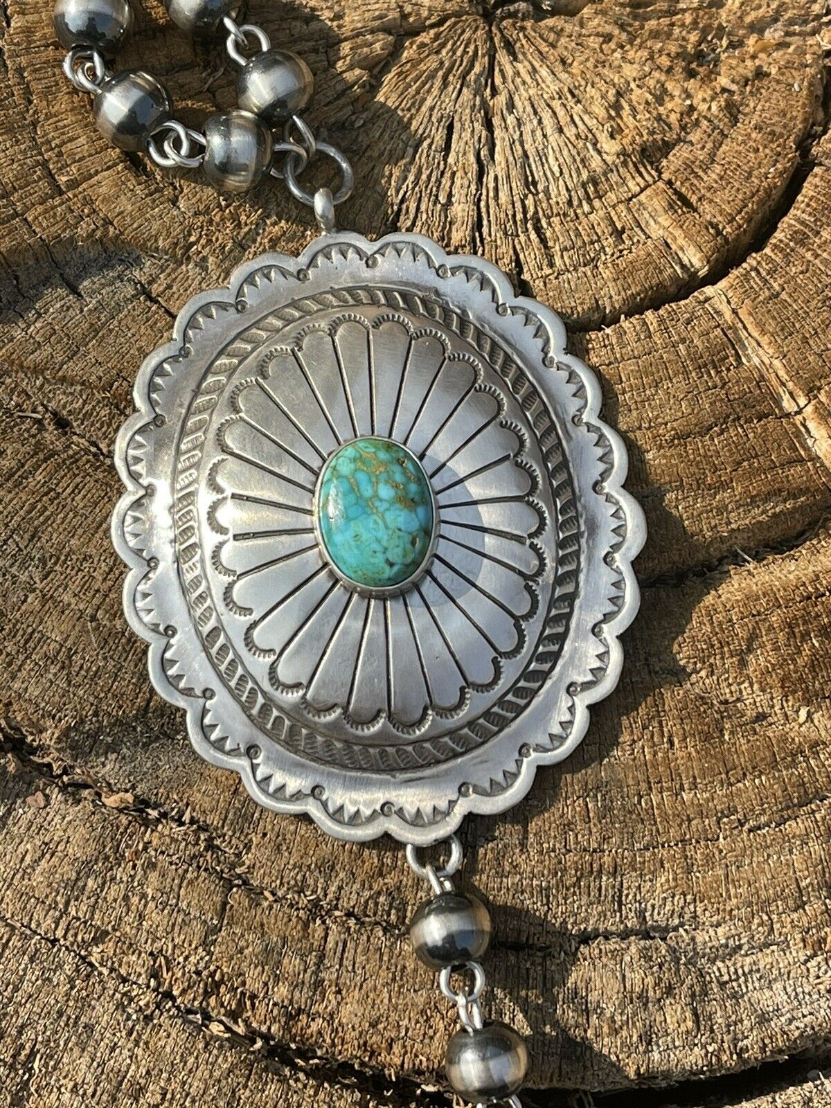 Navajo Sonoran Mountain Turquoise & Sterling Silver Signed Concho Necklace