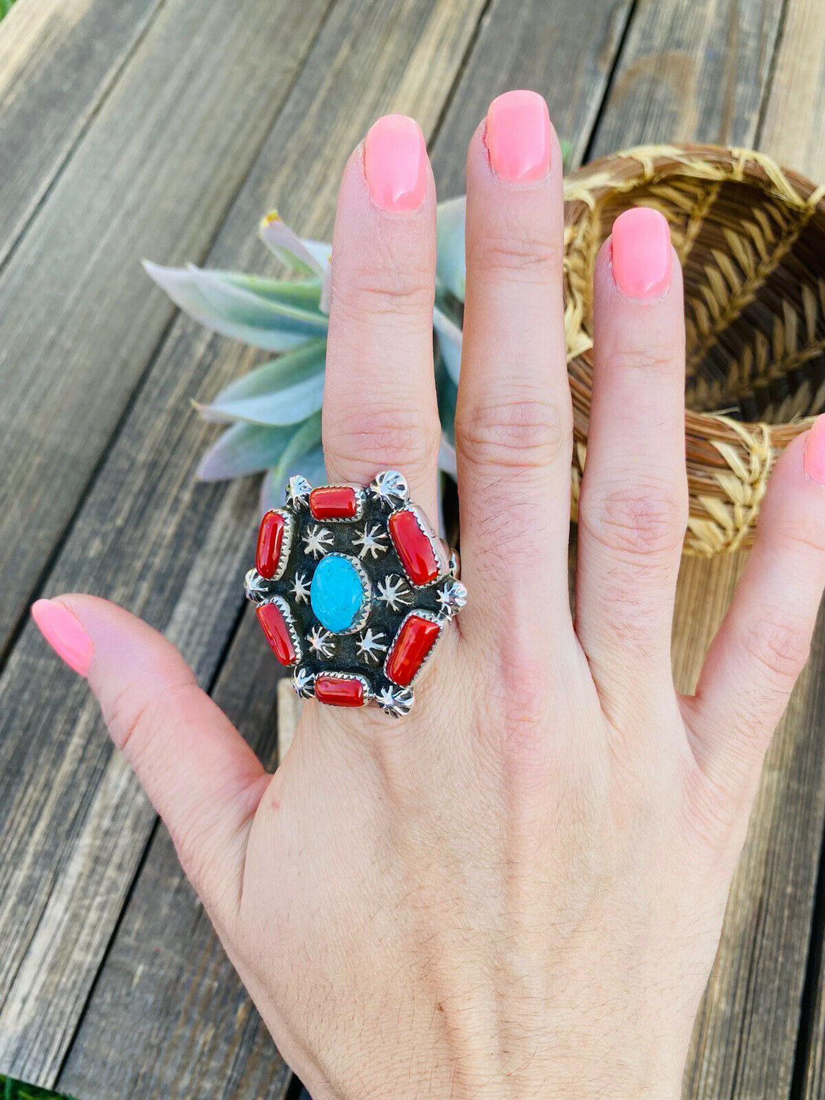 Navajo Turquoise, Coral & Sterling Silver Ring Size 9