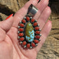 Navajo Sterling Silver Kingman Web Turquoise & Red Coral Taos Cluster Pendant