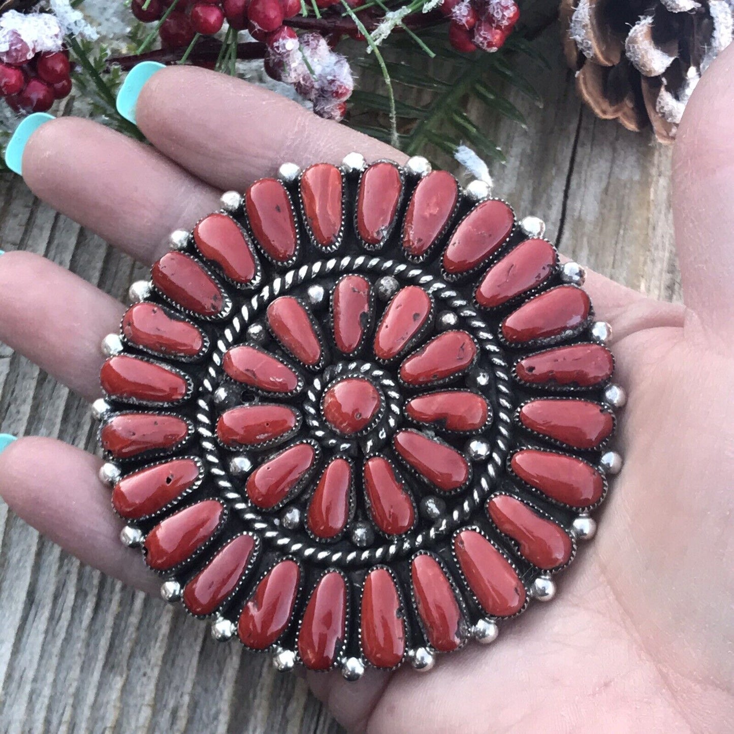 Navajo Jumbo Sterling Silver  Natural Red Coral Cluster Pendant/pin Signed