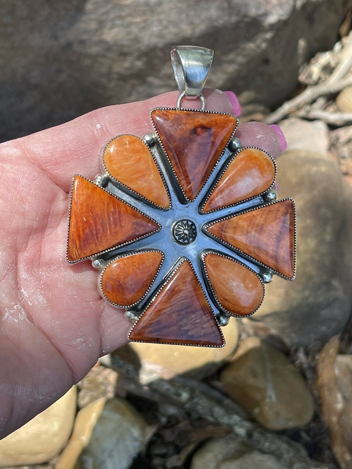 Navajo Sterling Silver Orange Spiny  Jumbo Cluster Pendant
