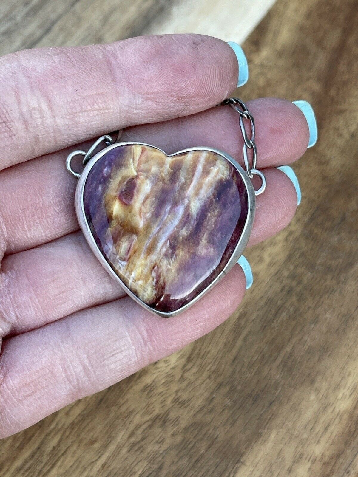 Navajo Purple Spiny And Sterling Silver Heart Necklace Signed